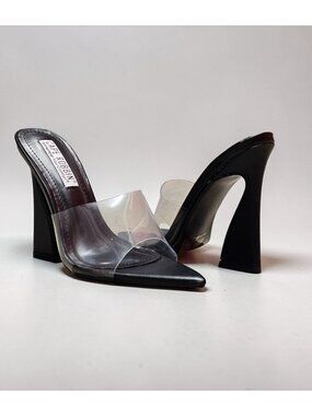 Clear & Black Pointed Toe Mules With Flared Heels